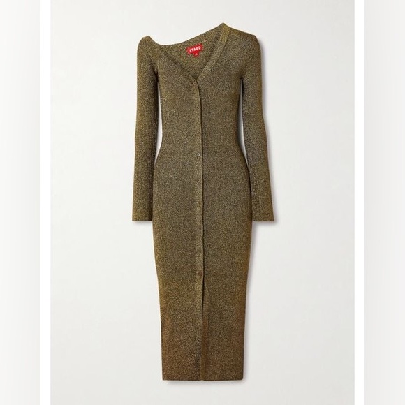 STAUD Craftsman Off-the-Shoulder Metallic Ribbed-Knit Midi Dress - Picture 3 of 13